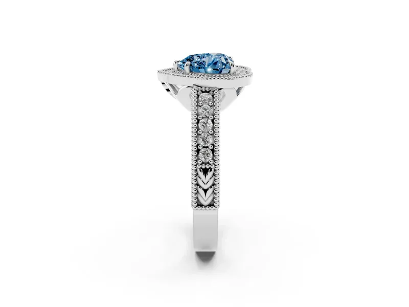 Fancy Blue Heart Cut Diamond Halo Ring Set in Platinum with Round Accent Halo, Pavé Band and Prong Setting