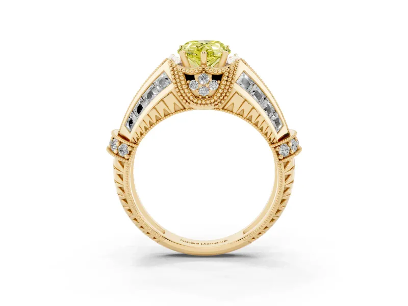 Fancy Yellow Pear Cut Diamond Vintage-Inspired Milgrain Ring Set in Yellow gold with Accent Split Shank