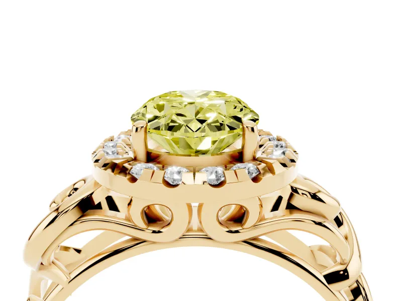 Fancy Yellow Oval Cut Diamond Halo Ring Set in Yellow gold with Scrollwork Band and Prong Setting