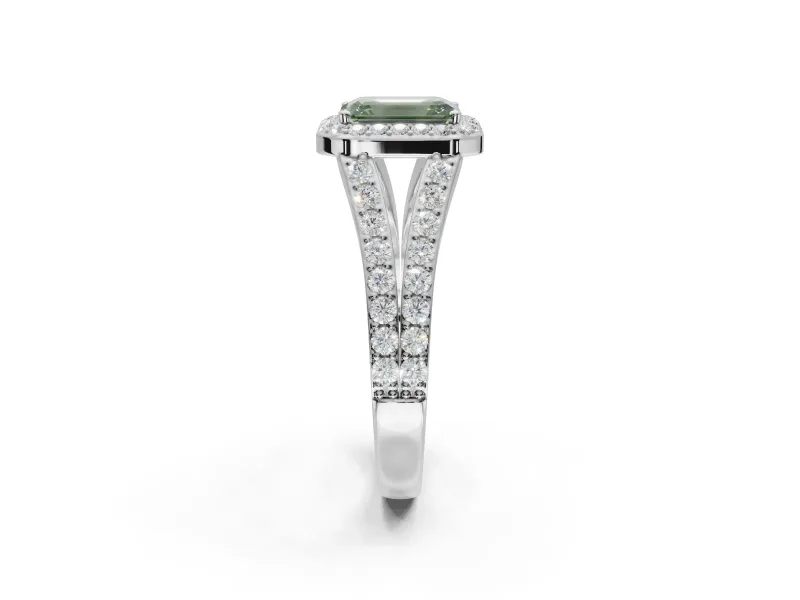 Emerald Cut Halo Pavé Engagement Ring Setting for a Fancy Green Lab-Grown Diamond | Narrow Split Shank | Sterling Silver