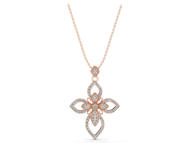 Round Lab-Grown Diamond Pavé Floral Cross Pendant Necklace | Petal Arms | Rose Gold