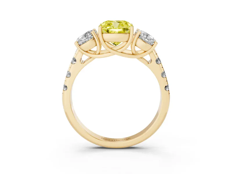 Cushion Cut Three Stone Engagement Ring Setting for a Fancy Yellow Lab-Grown Diamond | Accented Shoulders | Yellow Gold