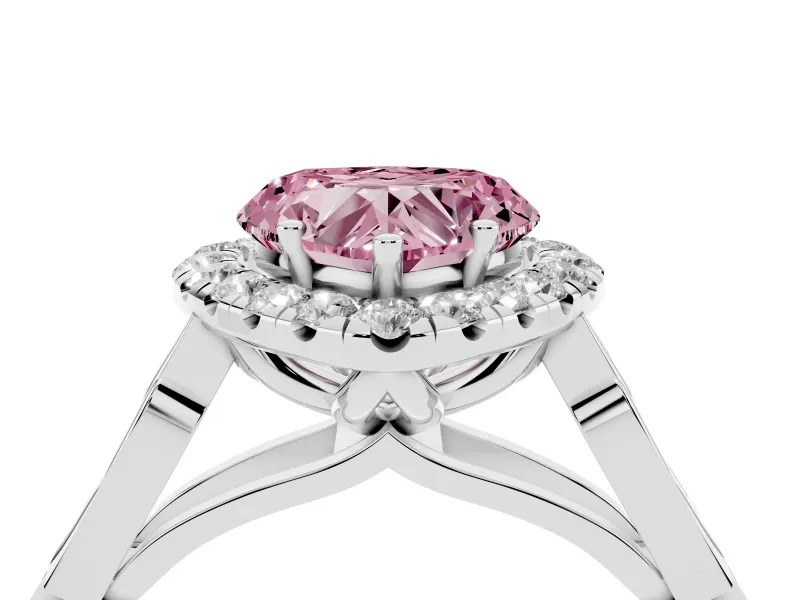 Fancy Pink Heart Cut Diamond Halo Engagement Ring Set in White gold with Filigree Band and Prong-Set Center