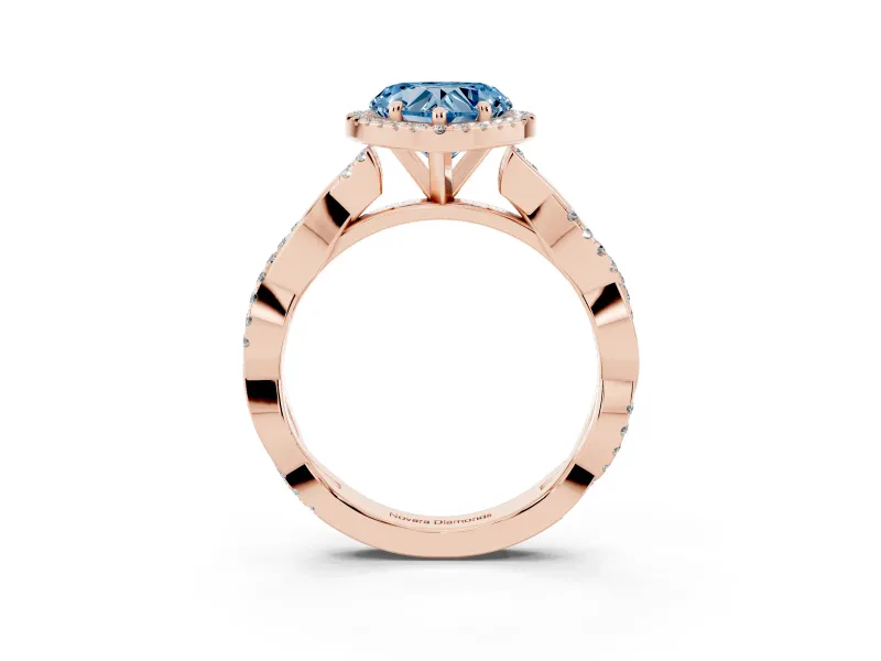 Fancy Blue Heart Cut Diamond Halo Twisted Band Ring Set in Rose gold with Prong Setting