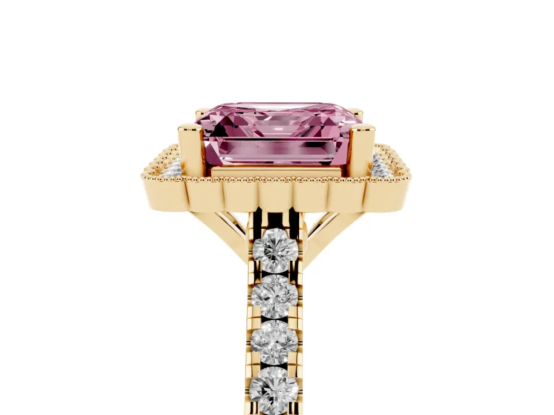 Fancy Pink Asscher Cut Diamond Milgrain Floral Halo Engagement Ring Set in Yellow gold with Pavé Band