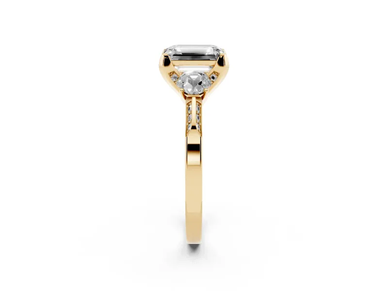 Emerald Cut Hidden Halo Three Stone Engagement Ring Setting for a Fancy Pink Lab-Grown Diamond | Yellow Gold