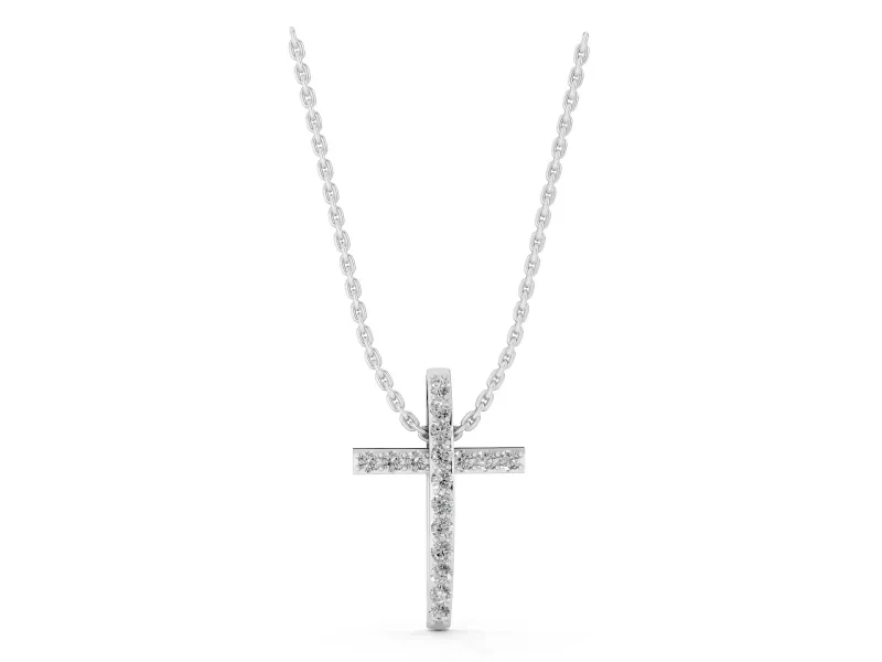Round Lab-Grown Diamond Pavé Cross Pendant Necklace | Straight Beams | Sterling Silver