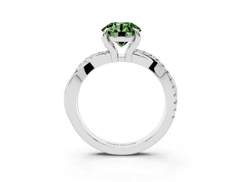 Fancy Green Round Cut Diamond Twist Band Solitaire Set in Silver with Pavé Accents and Prong Setting
