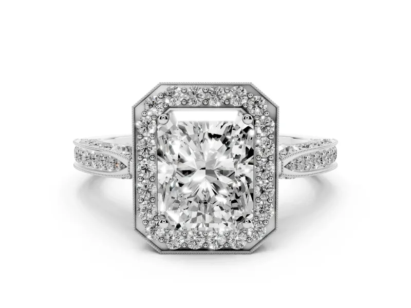Radiant Cut Diamond Halo Engagement Ring Set in Silver with Accent Split Shank Band