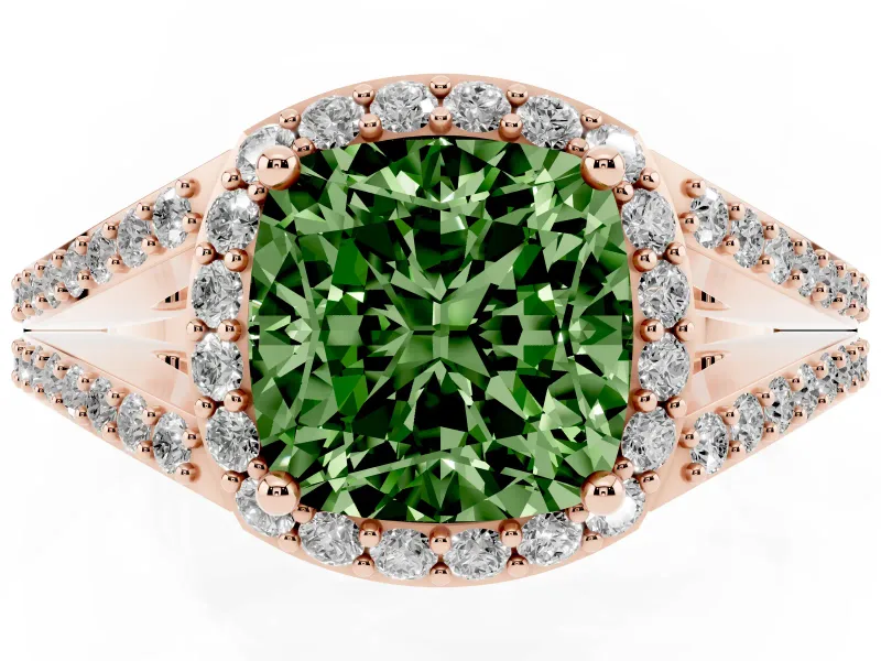 Cushion Cut Split Shank Halo Engagement Ring Setting for a Fancy Green Lab-Grown Diamond | Rose Gold