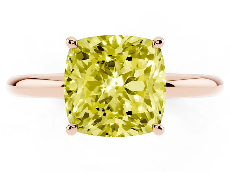 Fancy Yellow Cushion Cut Diamond Solitaire Ring Set in Rose gold with Thin Band and Prong Setting