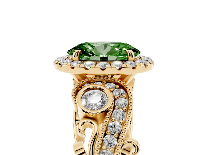 Oval Vintage Halo Engagement Ring Setting for a Fancy Green Lab-Grown Diamond | Bezel Shoulder Accents | Yellow Gold