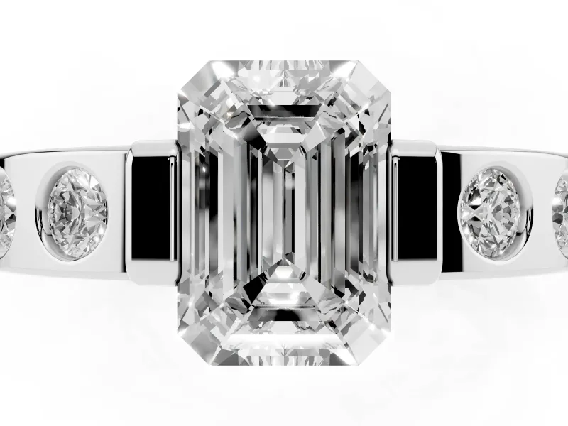 Emerald Cut Tension Style Engagement Ring Setting | Flush Set Accents | White Gold