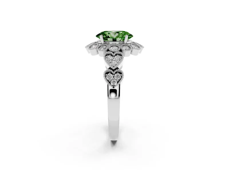 Oval Scalloped Halo Engagement Ring Setting for a Fancy Green Lab-Grown Diamond | Heart Pavé Band | Platinum