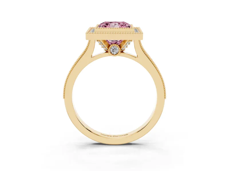 Princess Cut Vintage Milgrain Halo Engagement Ring Setting for a Fancy Pink Lab-Grown Diamond | Bezel Head | Yellow Gold