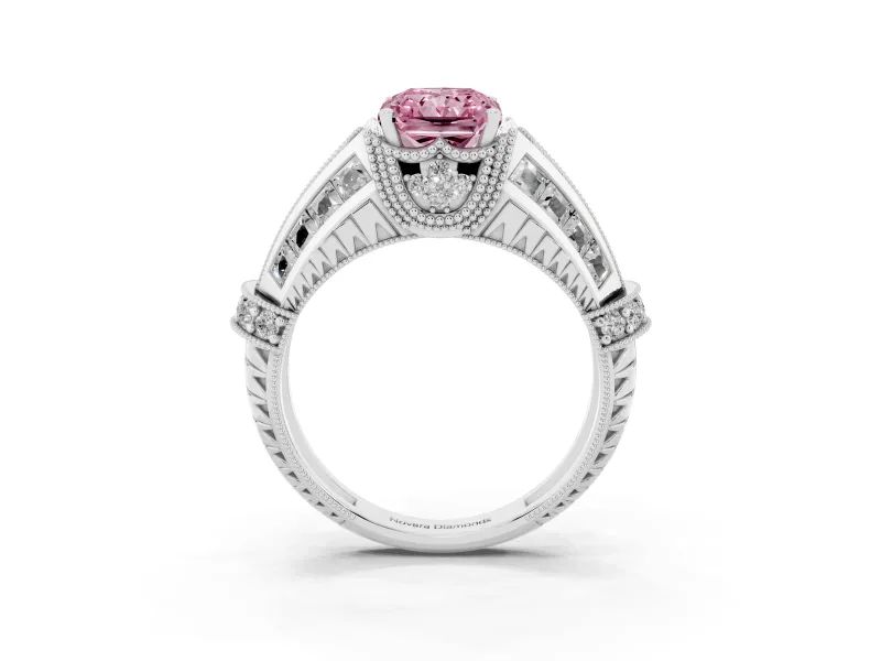 Fancy Pink Radiant Cut Diamond Vintage-Inspired Milgrain Ring Set in Silver with Accent Split Shank