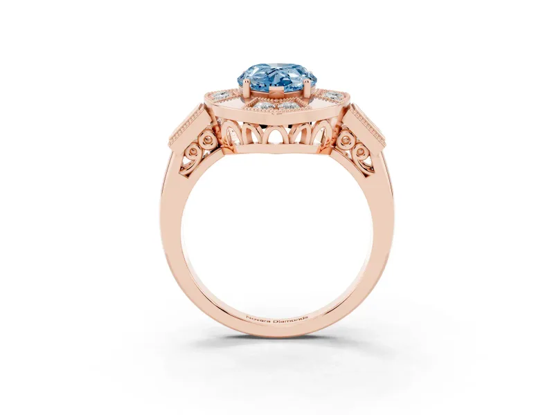 Fancy Blue Pear Cut Diamond Milgrain Halo Ring Set in Rose gold with Split Shank