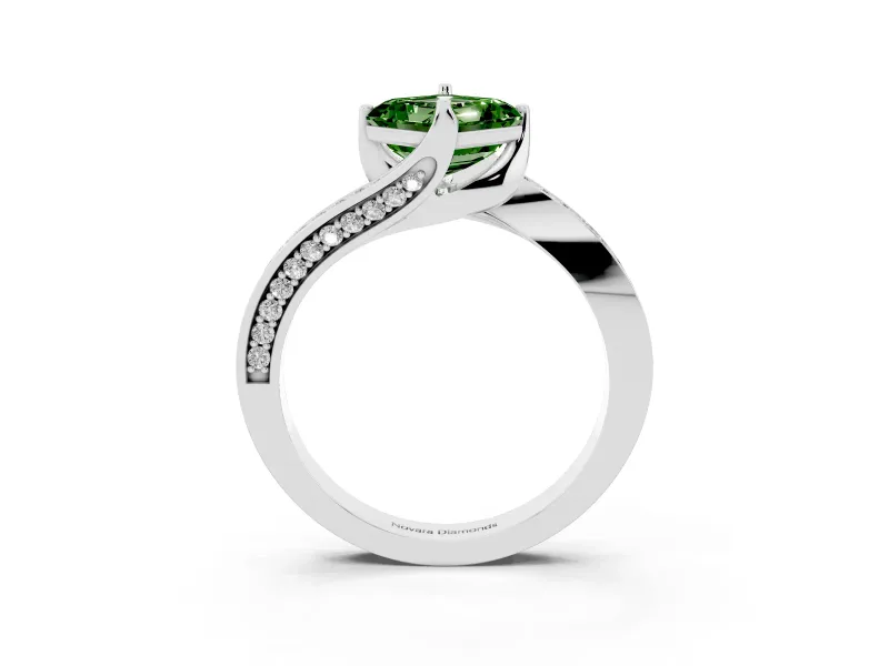 Fancy Green Asscher Cut Diamond Solitaire Ring Set in Silver with Intertwined Pavé Twist Band