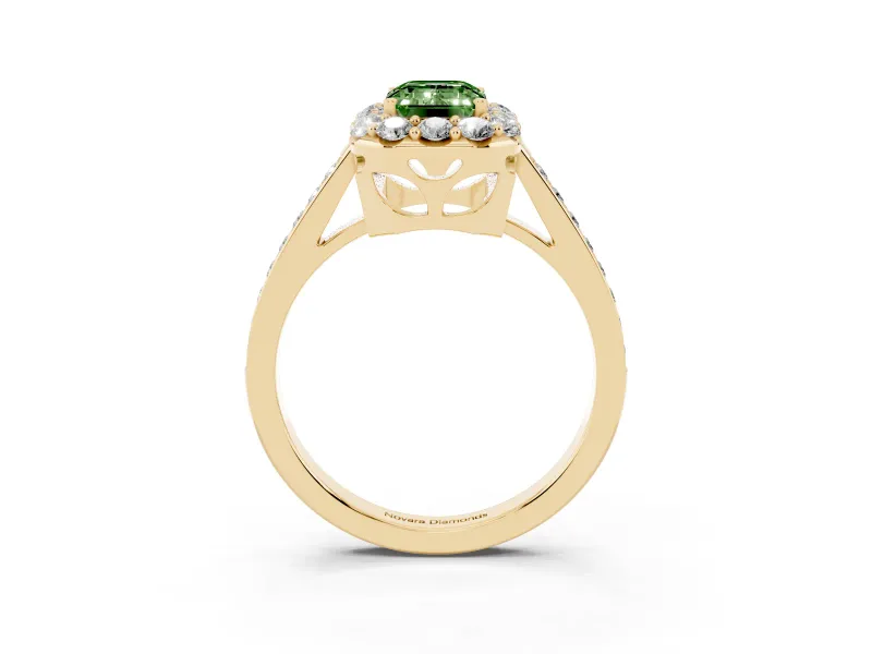 Fancy Green Emerald Cut Diamond Floral Halo Ring Set in Yellow gold with Pavé Band and Prong Setting