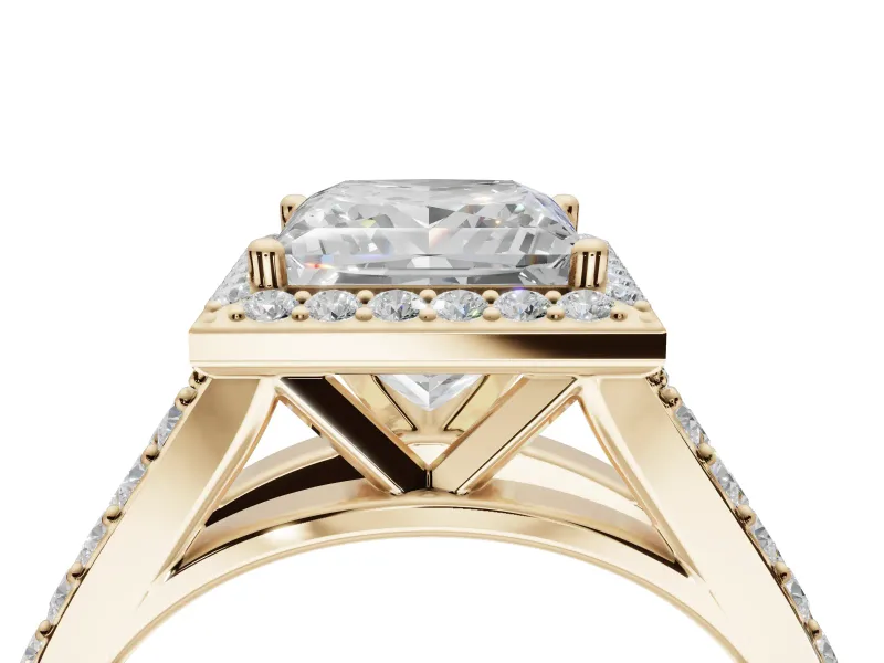 Princess Cut Halo Pavé Engagement Ring Setting | Narrow Split Shank | Yellow Gold