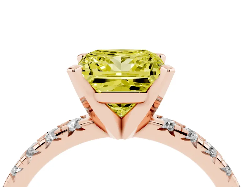 Fancy Yellow Princess Cut Diamond Solitaire Pavé Engagement Ring Set in Rose gold with Round Band and Prong Setting