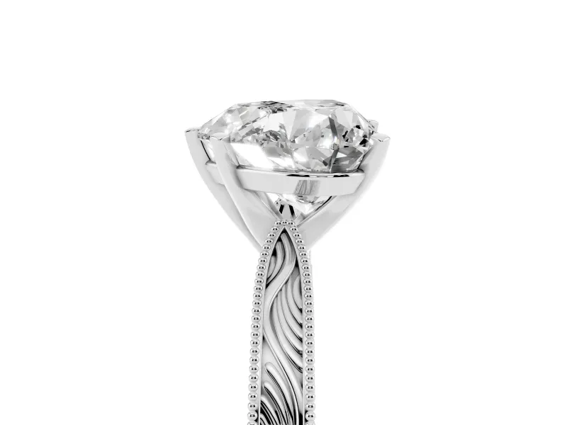 Heart Cut Diamond Solitaire Milgrain Engraved Band Set in Silver with Prong Setting