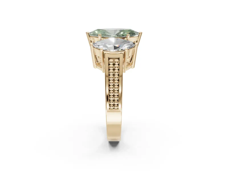 Marquise Three Stone Engagement Ring Setting for a Fancy Green Lab-Grown Diamond | Beaded Shoulders | Yellow Gold