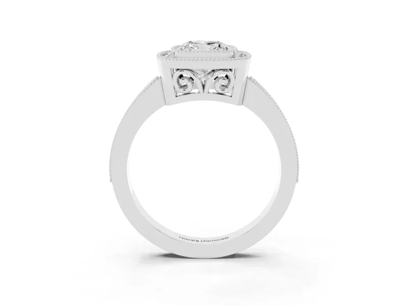 Cushion Cut Diamond Halo Ring Set in Platinum with Pavé Band and Milgrain-Edged Prongs