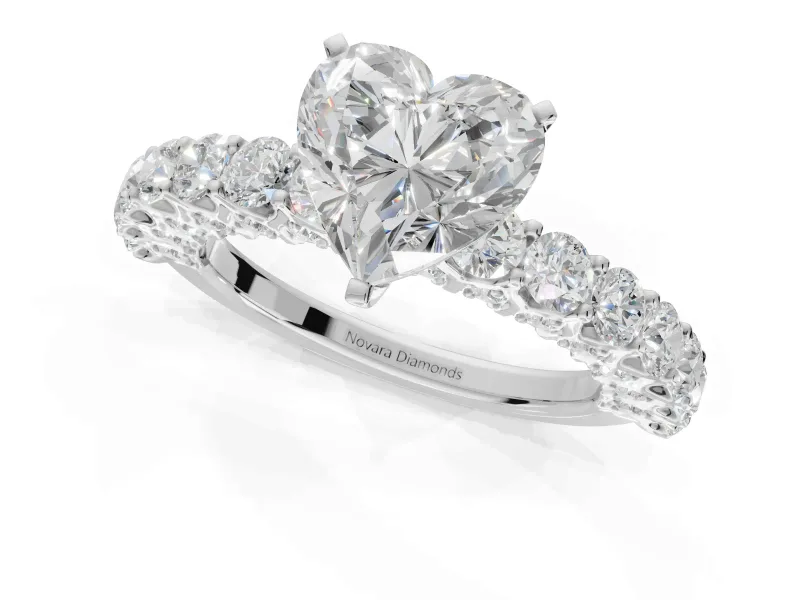 Heart-Shaped Shared Prong Engagement Ring Setting | Two-Row Band | Platinum