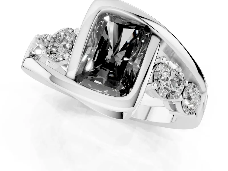Fancy Black Radiant Cut Diamond Bezel Bypass Ring Set in Silver with Round Accents