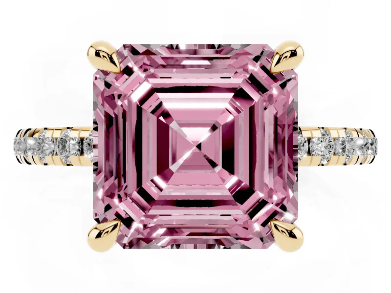 Asscher Cut Petite Pavé Solitaire Engagement Ring Setting for a Fancy Pink Lab-Grown Diamond | Slim Band | Yellow Gold