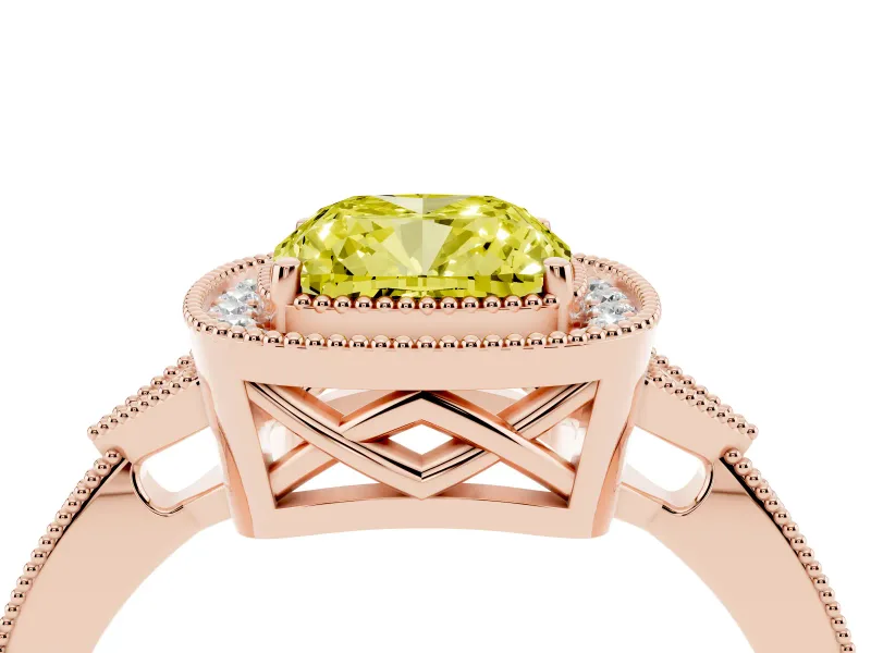 Cushion Cut Milgrain Halo Engagement Ring Setting for a Fancy Yellow Lab-Grown Diamond | Graduated Pavé | Rose Gold