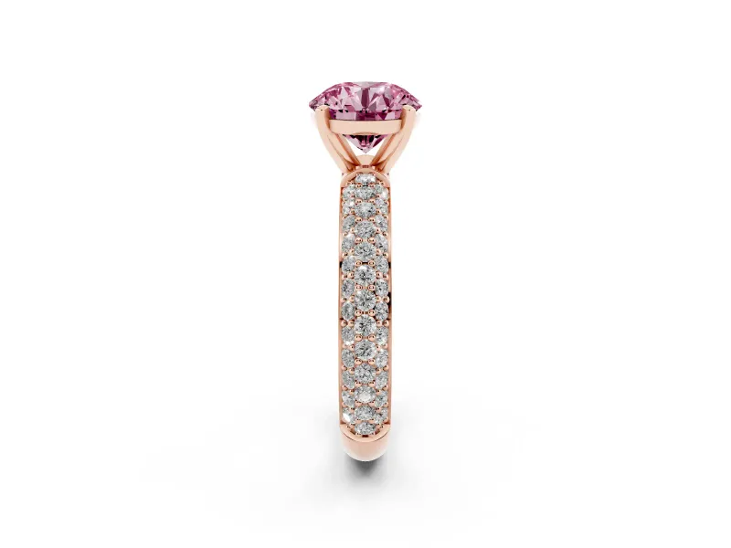 Fancy Pink Round Cut Diamond Solitaire Ring Set in Rose gold with Prong Setting and Pavé-Set Band