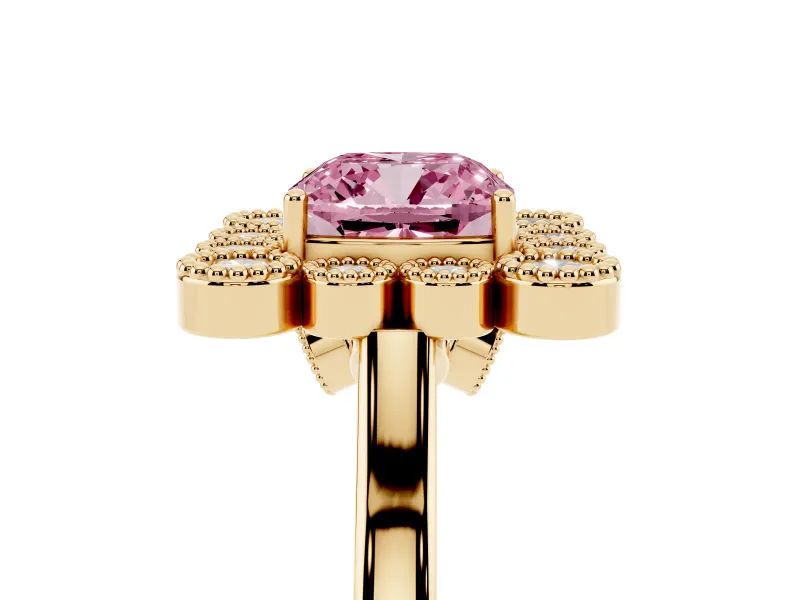 Cushion Cut Milgrain Cluster Halo Engagement Ring Setting for a Fancy Pink Lab-Grown Diamond | Plain Band | Yellow Gold