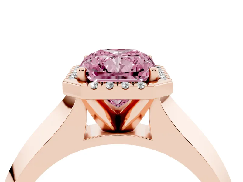 Fancy Pink Radiant Cut Diamond Halo Ring Set in Rose gold with Cathedral Band and Prong Setting