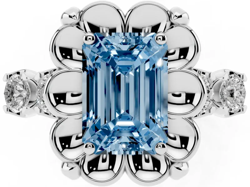 Emerald Cut Floral Engagement Ring Setting for a Fancy Blue Lab-Grown Diamond | Petal Frame and Side Stones | White Gold