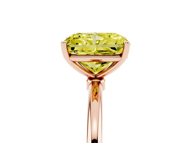 Fancy Yellow Radiant Cut Diamond Solitaire Engagement Ring Set in Rose gold with Thin Band and Prong Setting