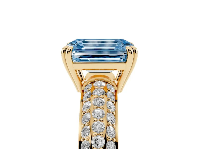 Emerald Cut Three Row Pave Engagement Ring Setting for a Fancy Blue Lab-Grown Diamond | Yellow Gold