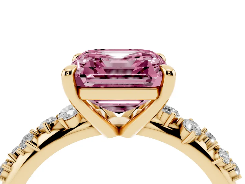 Fancy Pink Asscher Cut Diamond Solitaire Vine Band Ring Set in Yellow gold with Round Accents and Prong Setting