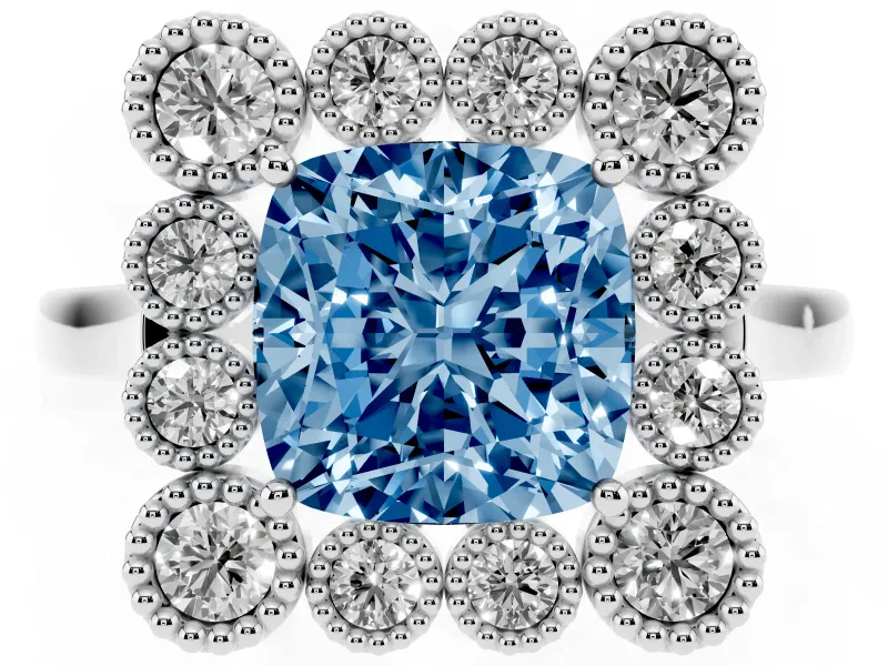 Cushion Cut Milgrain Cluster Halo Engagement Ring Setting for a Fancy Blue Lab-Grown Diamond | Plain Band | Platinum