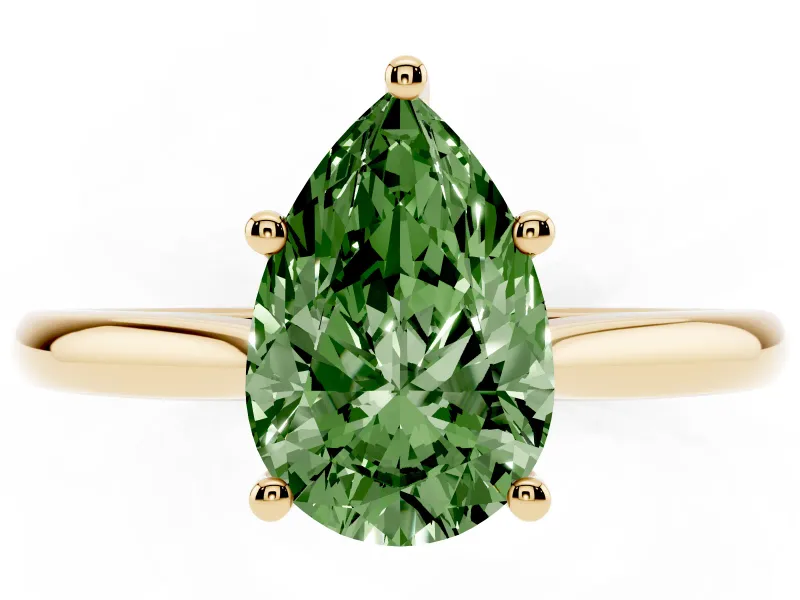 Fancy Green Pear Cut Diamond Solitaire Ring Set in Yellow gold with Cathedral Band and Prong Setting