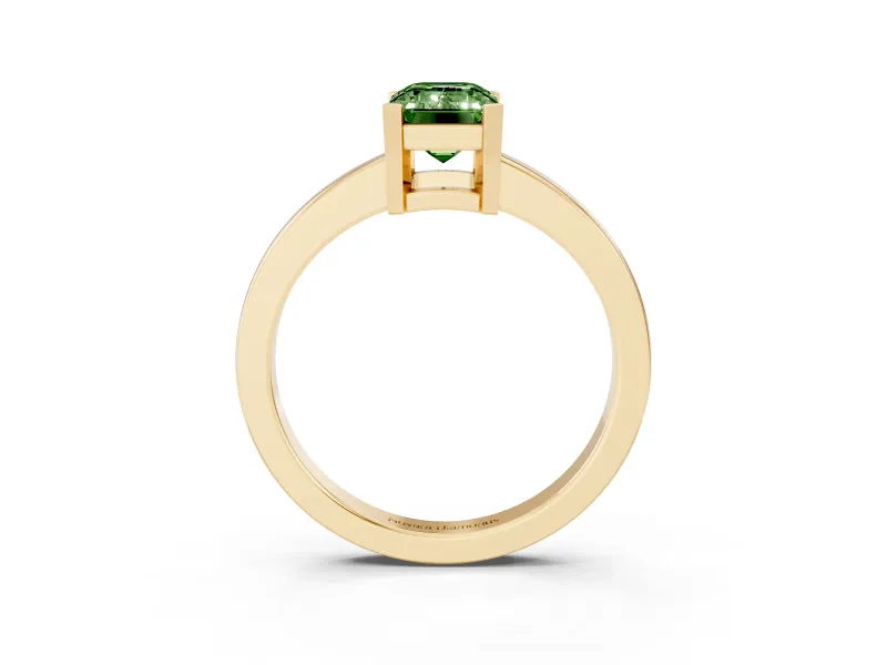 Fancy Green Emerald Cut Diamond Solitaire Ring Set in Yellow gold with Prong Head and Smooth Polished Band
