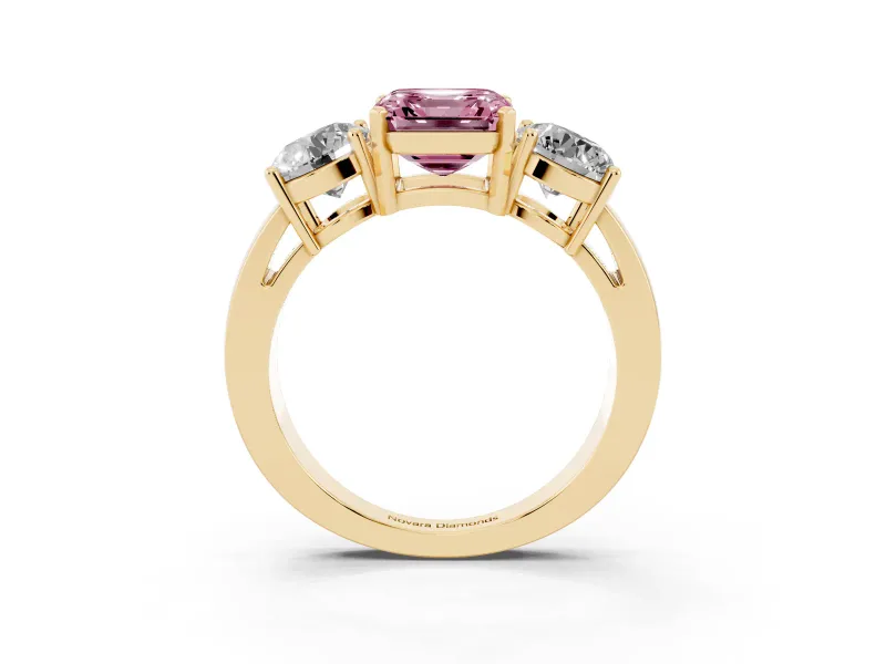 Asscher Cut Three Stone Engagement Ring Setting for a Fancy Pink Lab-Grown Diamond | Wide Plain Band | Yellow Gold