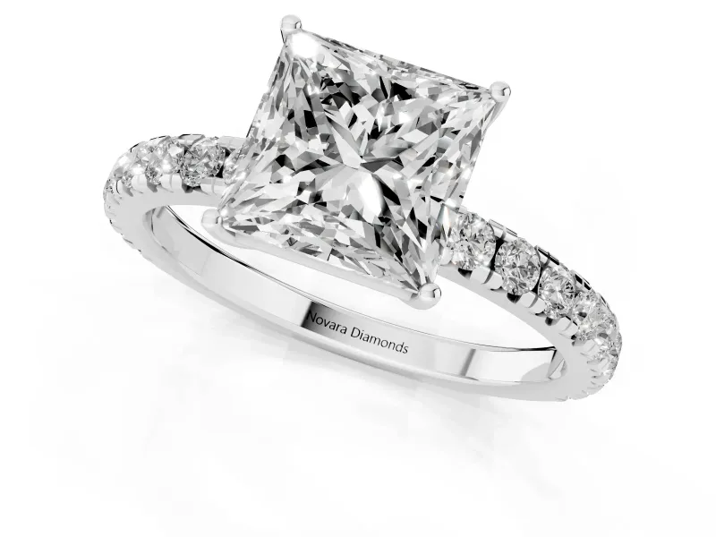 Princess Cut Pave Engagement Ring Setting | Shared Prong Band | White Gold