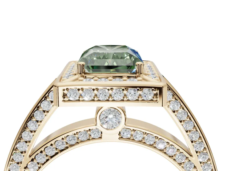 Radiant Cut Sectioned Halo Engagement Ring Setting for a Fancy Green Lab-Grown Diamond | Yellow Gold