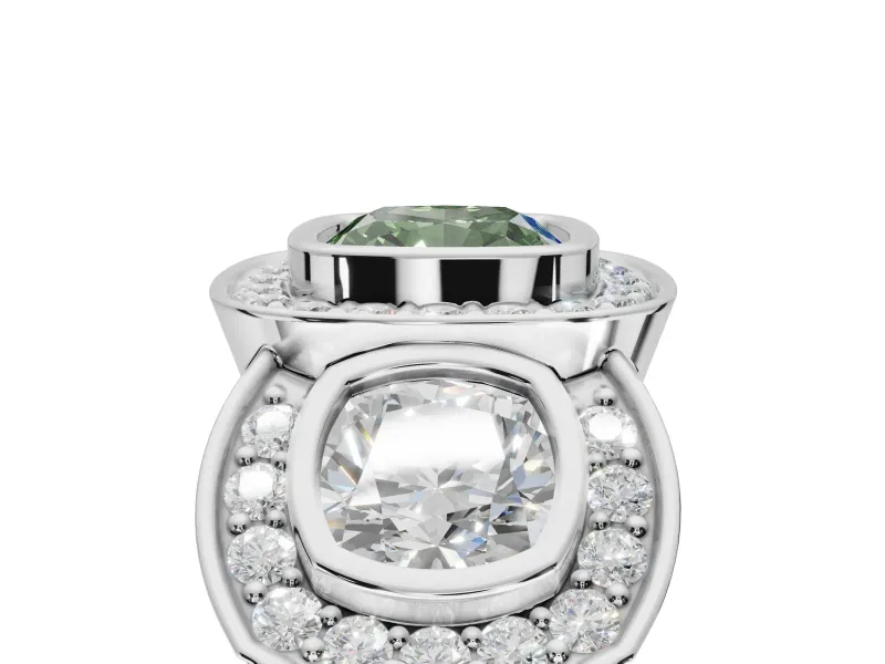 Cushion Cut Three Stone Halo Engagement Ring Setting for a Fancy Green Lab-Grown Diamond | Platinum
