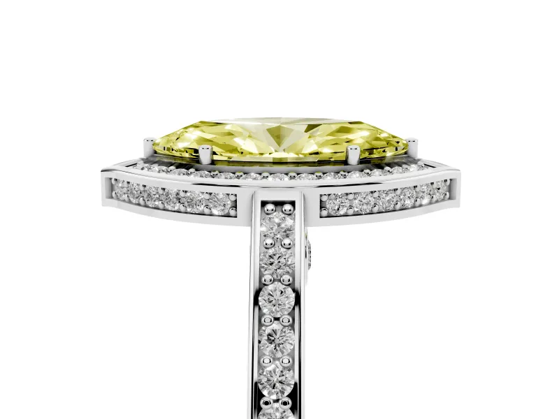 Fancy Yellow Marquise Cut Diamond Halo Pavé Split Shank Ring Set in Silver with Prong Setting