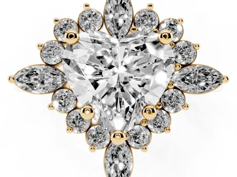 Heart Cut Diamond Cluster Halo Ring Set in Yellow gold with Marquise and Round Accents