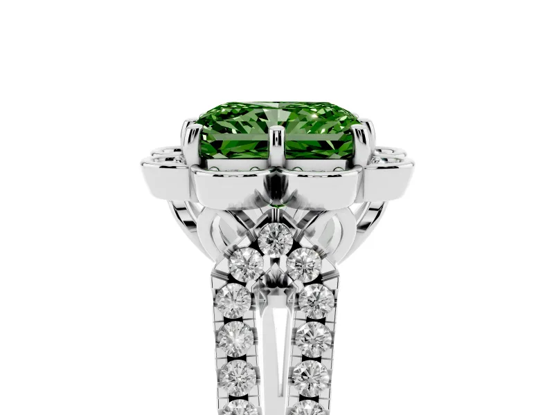 Radiant Cut Floral Halo Engagement Ring Setting for a Fancy Green Lab-Grown Diamond | Pavé Split Shank | Platinum