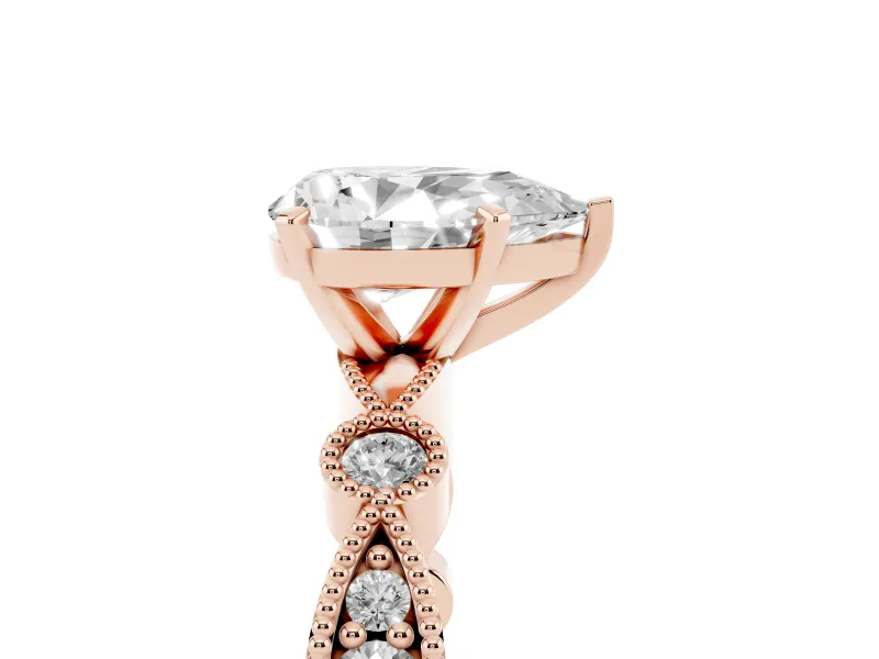 Pear-Shaped Vintage Milgrain Solitaire Engagement Ring Setting | Bezel Accents | Rose Gold